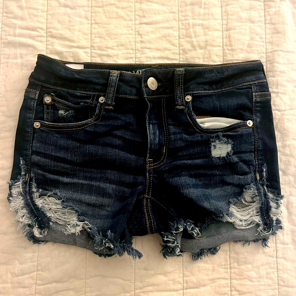 EUC AE Next Level Stretch mid-rise dark denim distressed shorts, size 6
